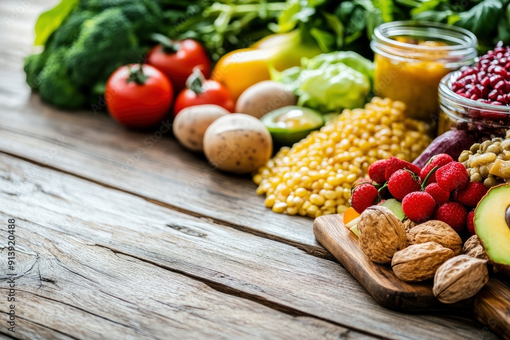 Selection of healthy food on rustic wooden background , ai Selection of healthy food on rustic wooden background , ai