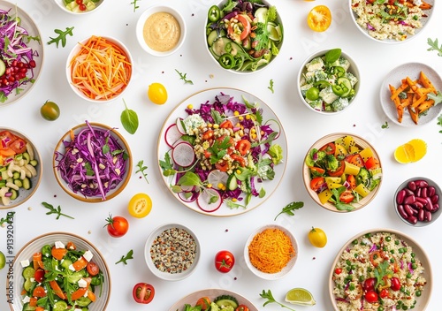 A large assortment of salads and vegetables are spread out on a white background