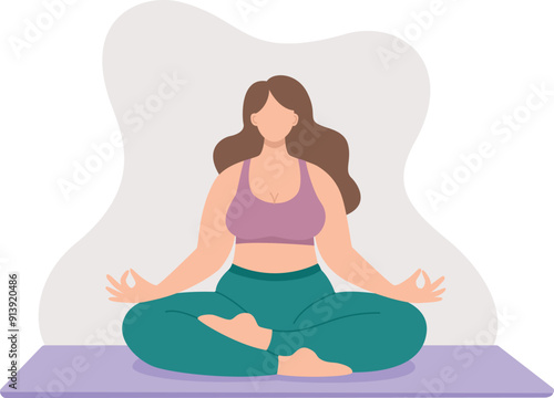 Vector illustration of a plus size woman doing yoga. Flat style concept of body positive girl sitting in lotus position