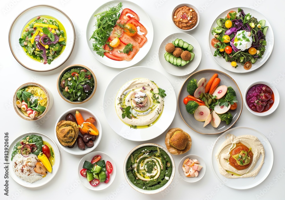A table full of food with a variety of dishes including salads, vegetables A table full of food with a variety of dishes including salads, vegetables