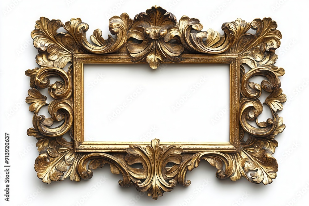 ornate antique picture frame with intricate gold leaf carving and scrollwork isolated on a crisp white background the frames elaborate design showcases classic craftsmanship and timeless elegance ornate antique picture frame with intricate gold leaf carving and scrollwork isolated on a crisp white background the frames elaborate design showcases classic craftsmanship and timeless elegance