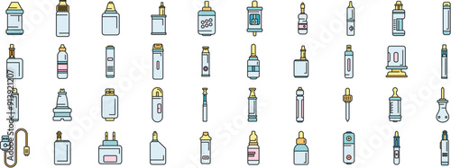 e-cigarette accessories icons set outline vector. Liquid vape. Smoke coil thin line color flat on white
