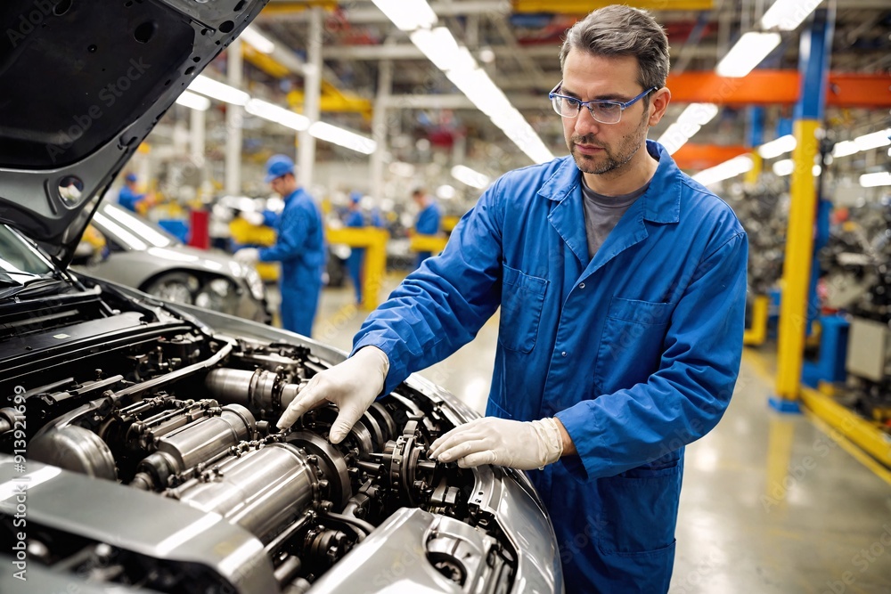 An engineer optimizing production processes in a car factory An engineer optimizing production processes in a car factory