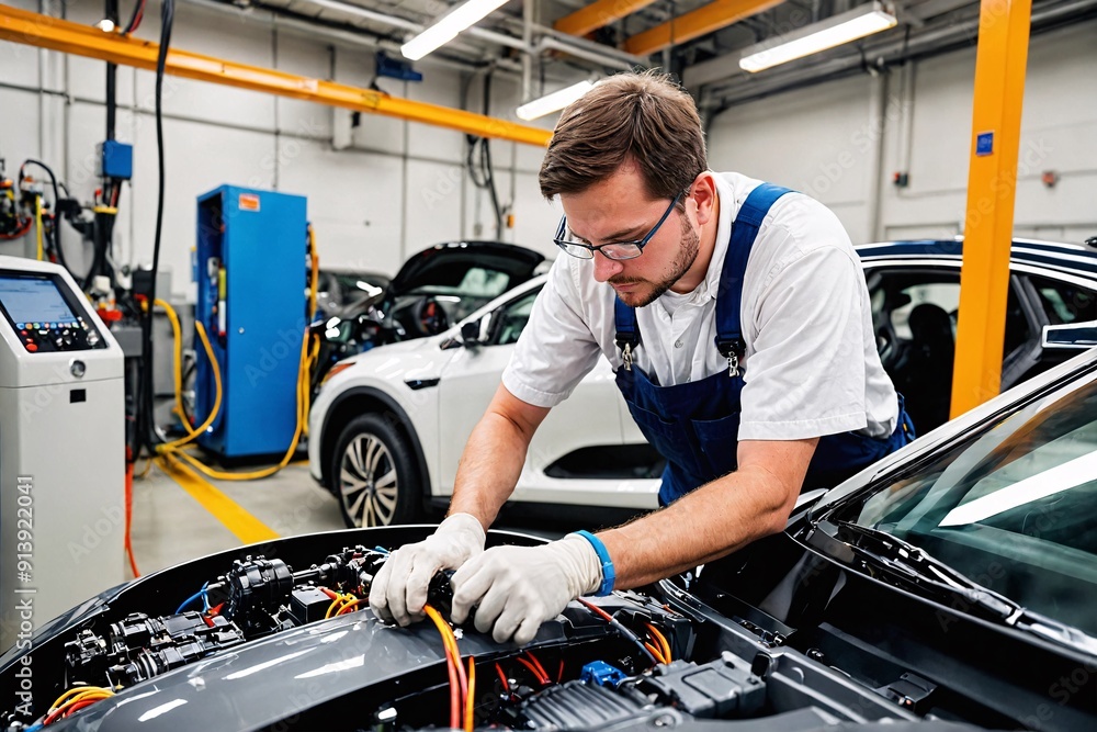 An automotive engineer working on electric vehicle propulsion An automotive engineer working on electric vehicle propulsion
