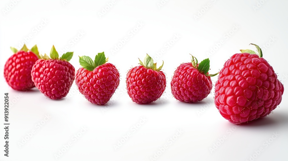Six Ripe Raspberries in a Row on White Background Six Ripe Raspberries in a Row on White Background