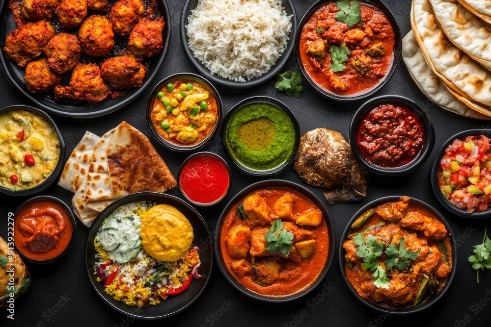Assorted indian food on black background , ai Assorted indian food on black background , ai