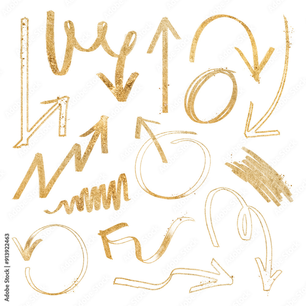 Fototapeta premium Png doodle gold highlight arrow set