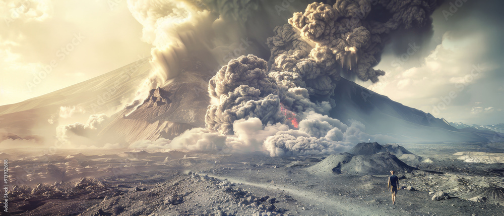 A dramatic volcanic eruption with immense ash clouds and streams of lava. A solitary figure stands in the foreground, underscoring the power and scale of nature. A dramatic volcanic eruption with immense ash clouds and streams of lava. A solitary figure stands in the foreground, underscoring the power and scale of nature.