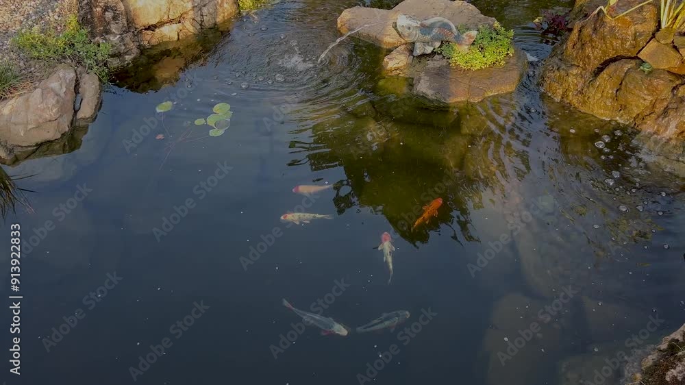 Koi pond with several fish swimming in and out of frame Koi pond with several fish swimming in and out of frame