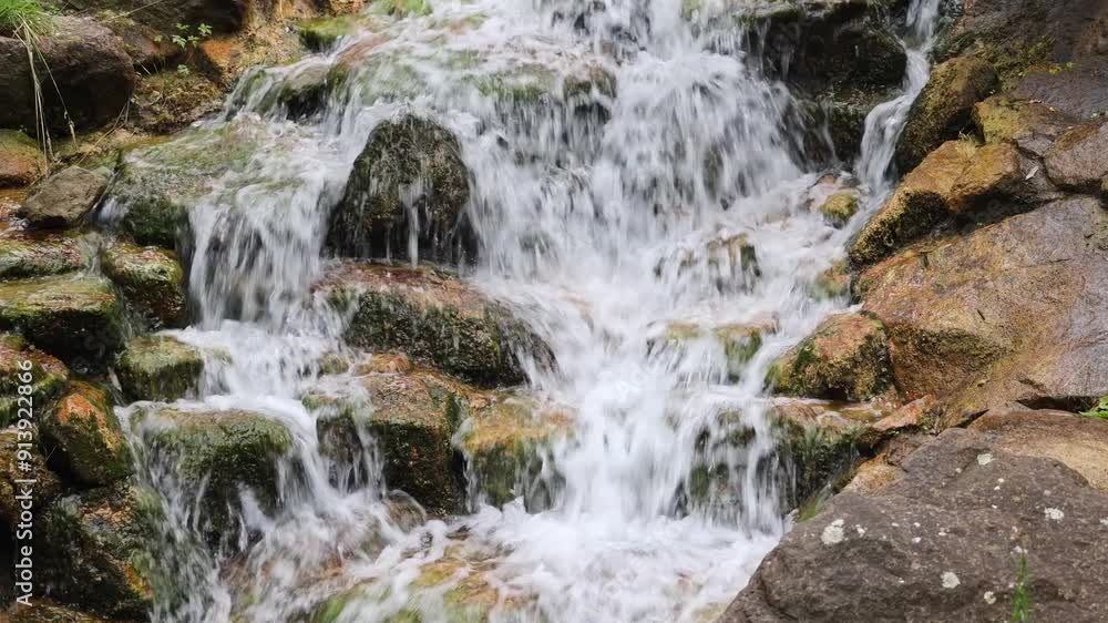 A stream of water flows over rocks, creating a peaceful and serene atmosphere A stream of water flows over rocks, creating a peaceful and serene atmosphere