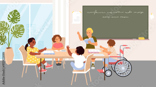 Kids group learning class at library or school classroom vector illustration. Students sitting around table talking, discussing home tasks cartoon