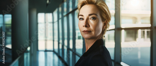 Free Download A confident woman stands indoors, looking forward with determination, surrounded by the modern architecture of a glass building. - GFXLoad