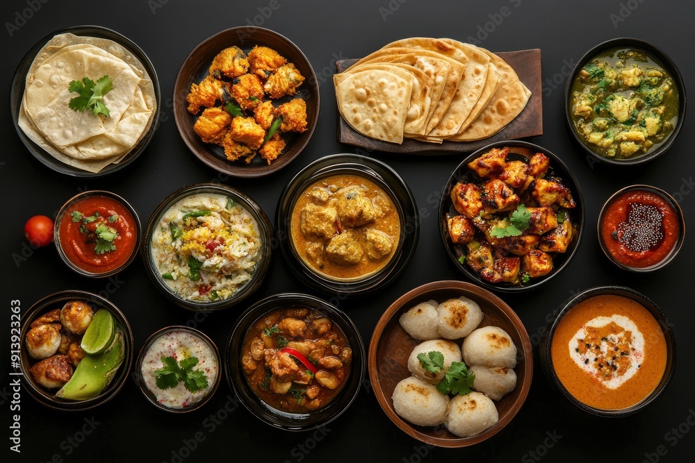 Assorted indian food on black background , ai Assorted indian food on black background , ai