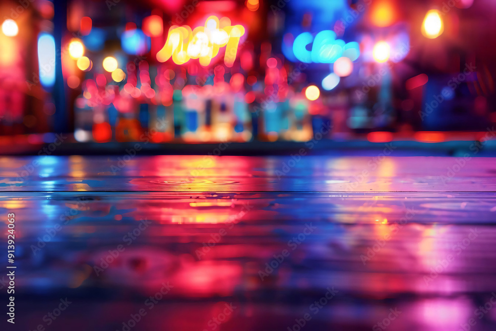 Wooden Bar Counter with Blurry Neon Lights. Wooden Bar Counter with Blurry Neon Lights.