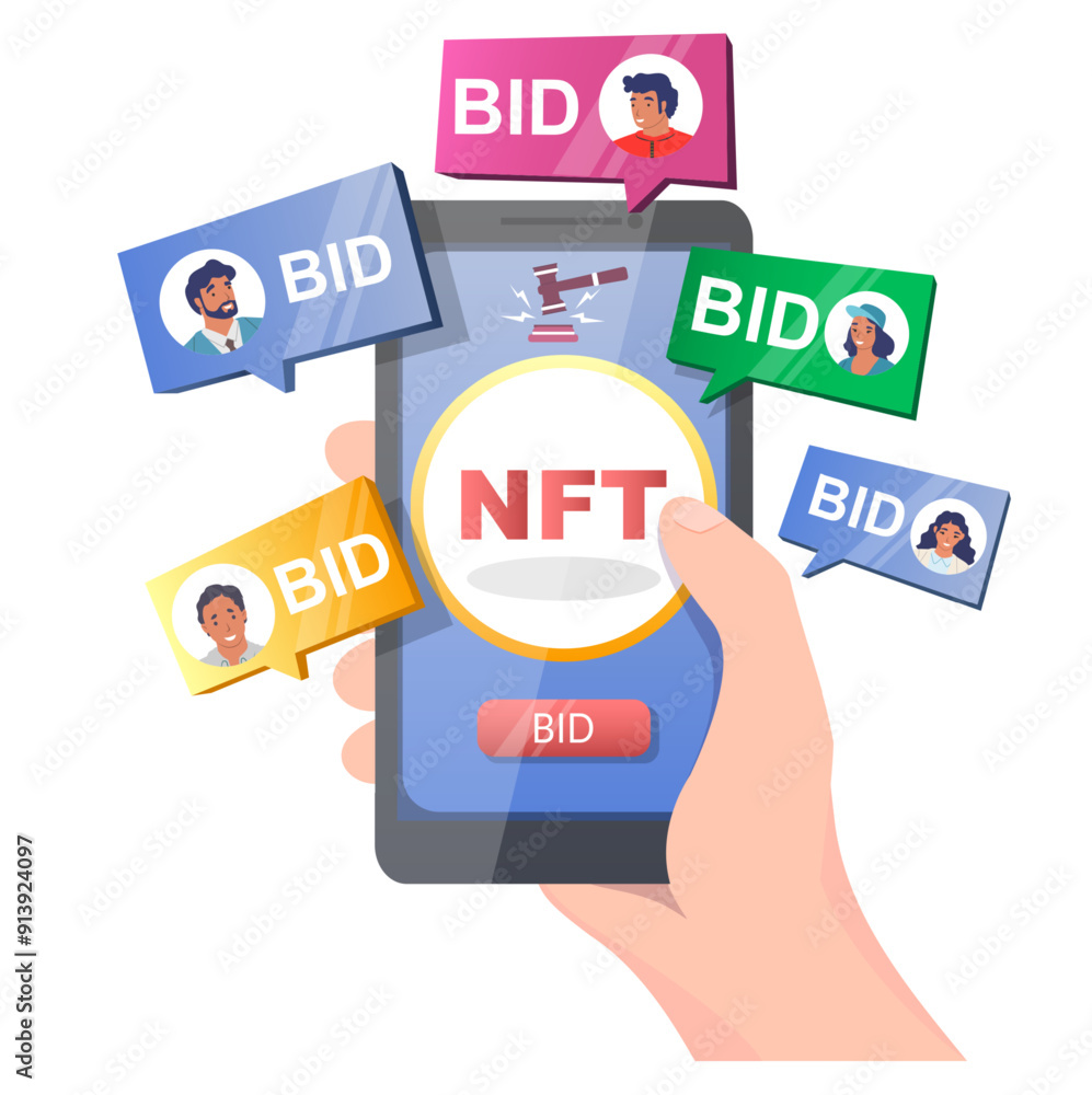 Online nft auction starting on mobile phone vector illustration. Non-fungible token trading on digital blockchain marketplace. Smartphone with bid boards in human hand cartoon design Online nft auction starting on mobile phone vector illustration. Non-fungible token trading on digital blockchain marketplace. Smartphone with bid boards in human hand cartoon design