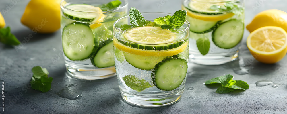 Refreshing cucumber and lemon drink served in clear glasses, garnished with fresh mint leaves, perfect for summer hydration. Refreshing cucumber and lemon drink served in clear glasses, garnished with fresh mint leaves, perfect for summer hydration.