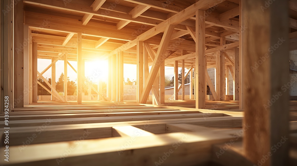 Naklejka premium New wooden frame construction of a house at sunset, golden sunlight casting through beams