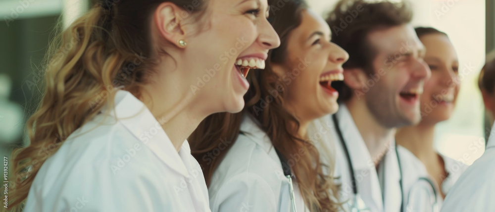 A group of joyful medical professionals in white coats laughing together, showcasing camaraderie and team spirit. A group of joyful medical professionals in white coats laughing together, showcasing camaraderie and team spirit.