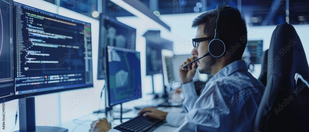 A programmer with headphones focuses on code displayed on multiple monitors, immersed in a high-tech office environment. A programmer with headphones focuses on code displayed on multiple monitors, immersed in a high-tech office environment.