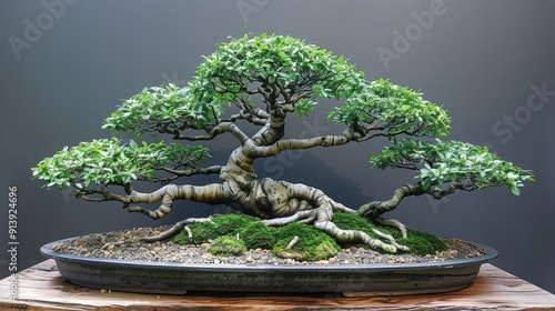 A bonsai in Slanting style, with its trunk growing at an interesting angle  photo