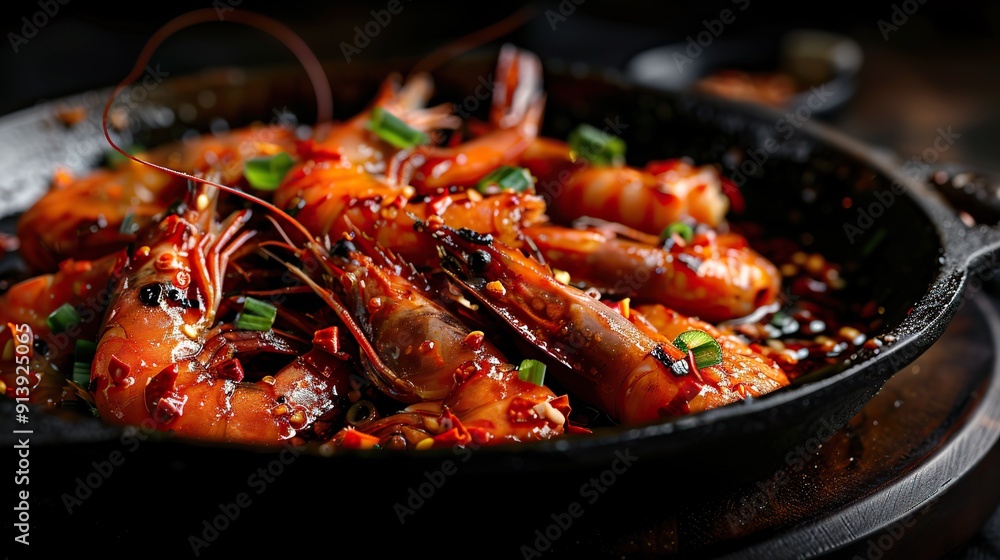 Sizzling Shrimp in Spicy Sichuan Chili Oil on Black Plate Sizzling Shrimp in Spicy Sichuan Chili Oil on Black Plate