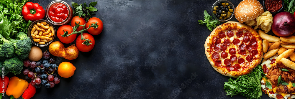 Vibrant arrangement of fresh vegetables and delicious pizza, perfect for culinary inspirations and food photography. Vibrant arrangement of fresh vegetables and delicious pizza, perfect for culinary inspirations and food photography.