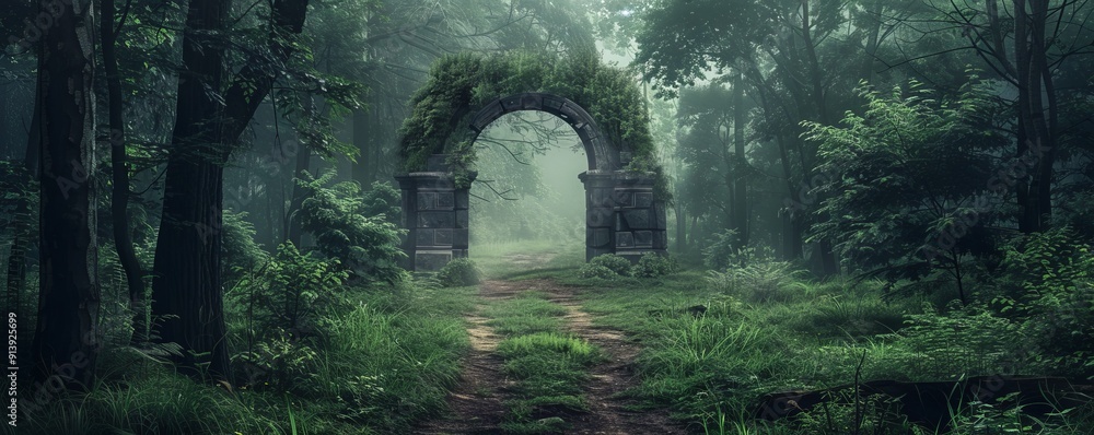 Obraz premium Mysterious forest path leading to a hidden clearing with ancient ruins, 4K hyperrealistic photo