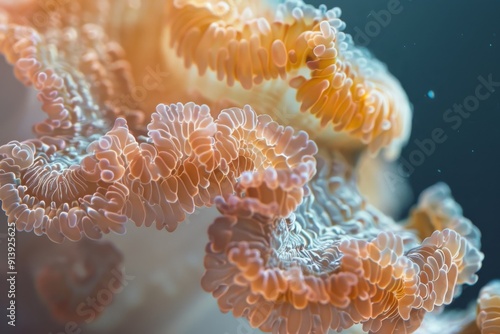 Delicate patterns and shapes of coral come alive under direct light, showcasing its intricate beauty. The vibrant colors and textures of the coral are magnified in this extreme close-up.