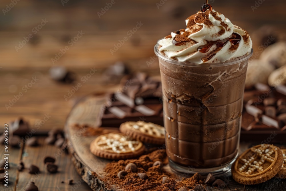 Iced chocolate milk topped with whipped cream and chocolate chips surrounded by cookies on a wooden board Iced chocolate milk topped with whipped cream and chocolate chips surrounded by cookies on a wooden board