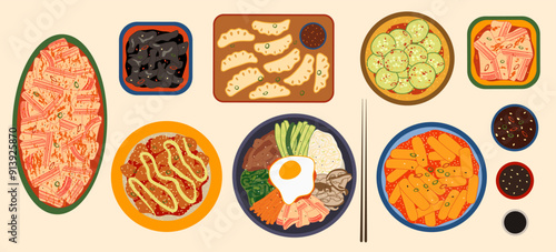 Korean cuisine vector illustration. Delicious traditional asian food. South Korean main and side dishes like bibimbap, spicy kimchi, tteokbokki, fried chicken bites, black fungus and cucumber salad