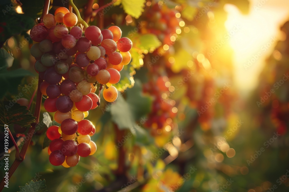 Ripe grapes hanging from vines in vineyard Ripe grapes hanging from vines in vineyard