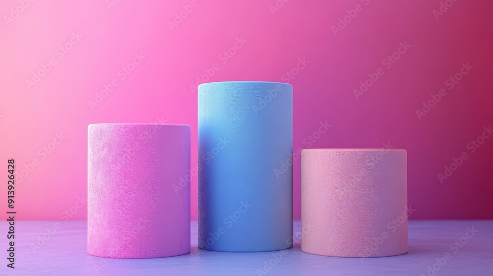 Three pink and blue cylinders are stacked on top of each other Three pink and blue cylinders are stacked on top of each other