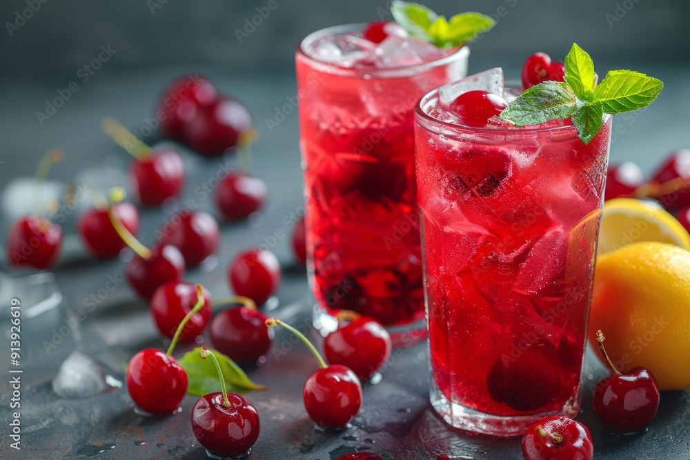 Two glasses with refreshing ice cold cherry lemonade decorated with mint and lemon Two glasses with refreshing ice cold cherry lemonade decorated with mint and lemon