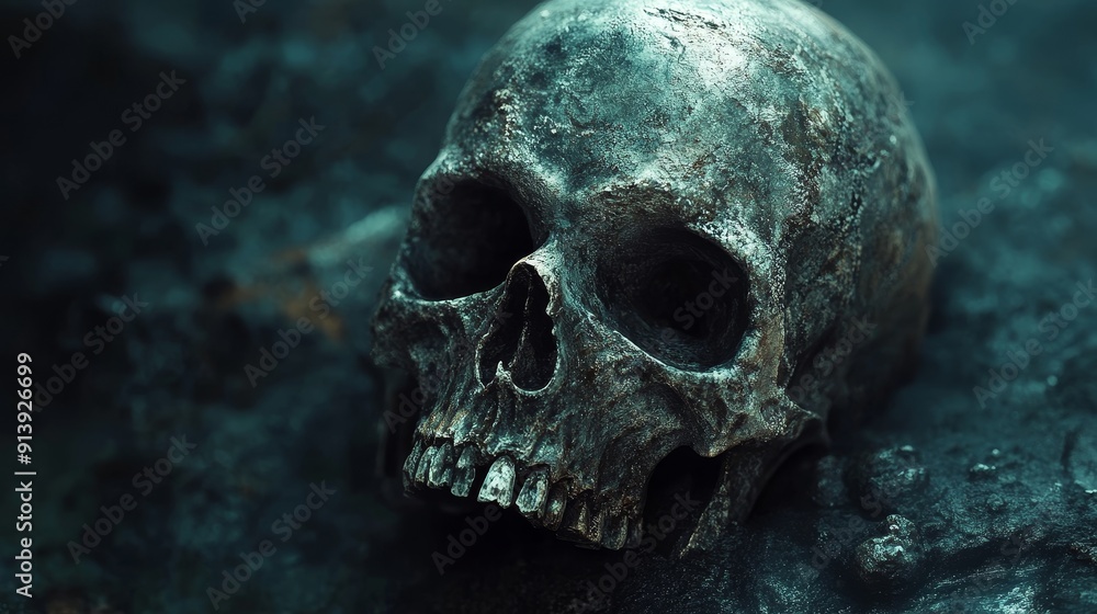 A skull is laying on the ground in a dark, murky environment A skull is laying on the ground in a dark, murky environment