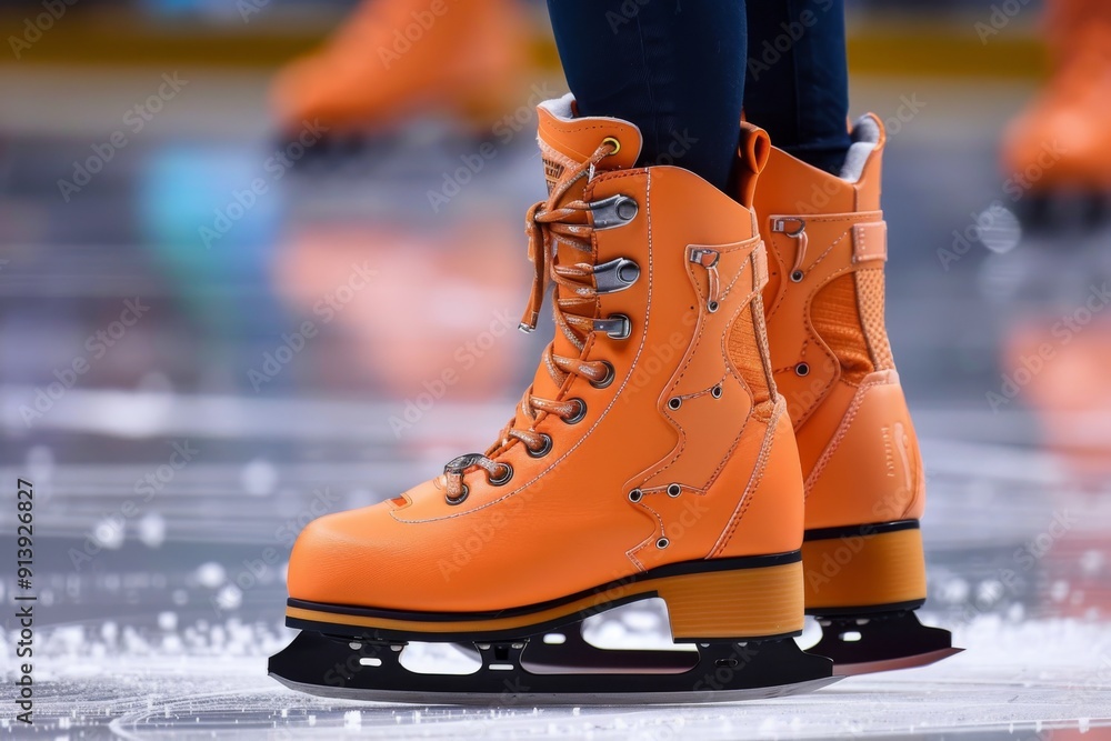 A pair of sleek, white figure skating boots with laces and a blade attached, sitting on a wooden floor. The boots are polished and reflect the surrounding environment. A pair of sleek, white figure skating boots with laces and a blade attached, sitting on a wooden floor. The boots are polished and reflect the surrounding environment.