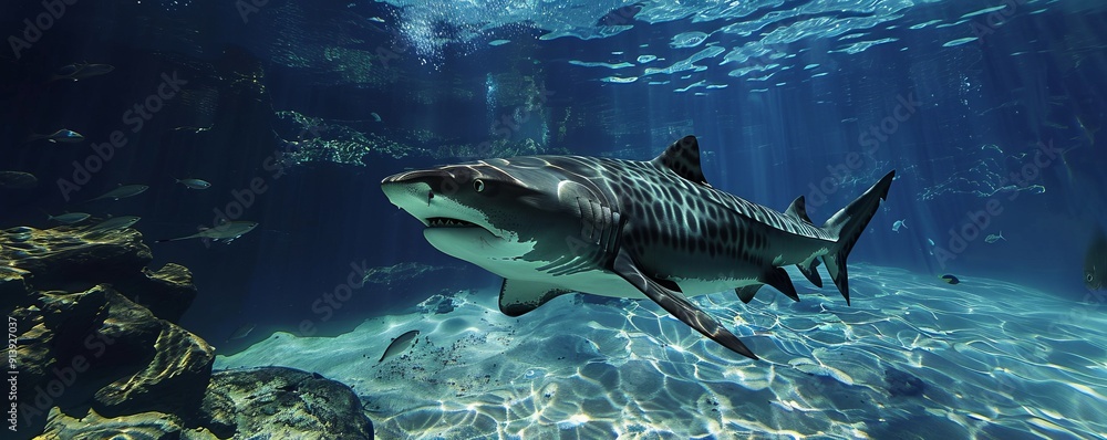 Obraz premium Majestic tiger shark gliding through the depths, 4K hyperrealistic photo