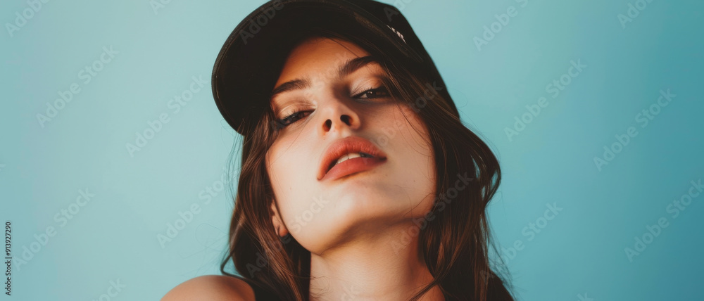 Fototapeta premium Stylish portrait of a woman in a black cap posing confidently against a soft blue background, exuding casual elegance and bold attitude.