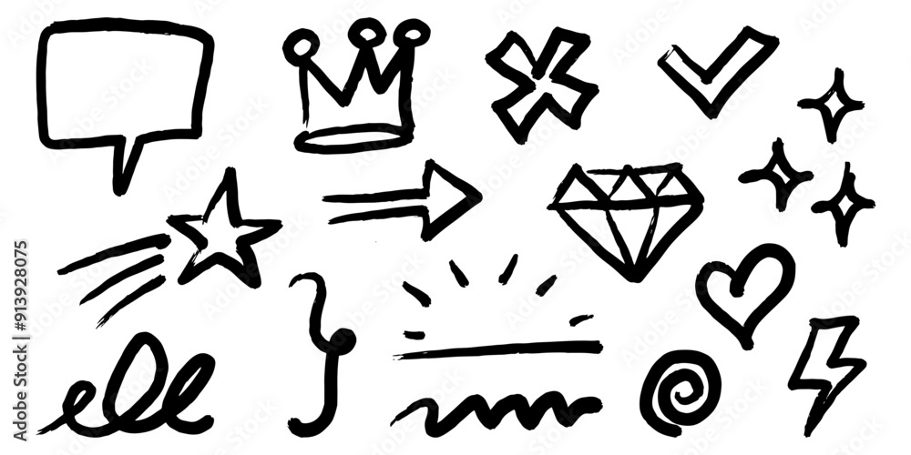 Bold brush Hand drawn doodle style collection of heart, scribble, star, check mark, spirals, sparkles, leaves, lightning, and emphasis element. use for concept design. Bold brush Hand drawn doodle style collection of heart, scribble, star, check mark, spirals, sparkles, leaves, lightning, and emphasis element. use for concept design.