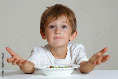 Boy raised palms near vegetables white plate orange wall. Child table open hands ready healthy breakfast. Allegory of mindfulness and child's approach to daily meals.