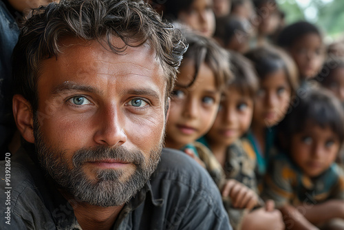 A serene moment of a donor visiting a school they helped fund, seeing the happy faces of children learning,