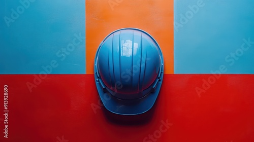 Ablue hard hat on a colored surface photo