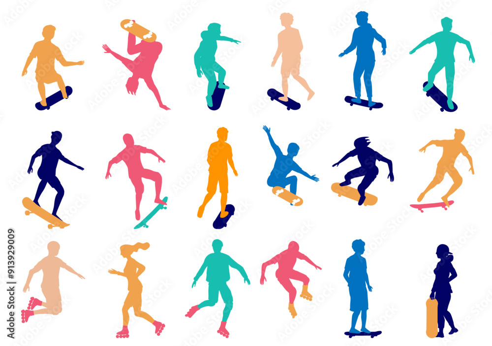 Skate rollers and skateboarders colorful silhouette in motion set. Young active man and woman athlete skating enjoying extreme sports leisure and practice vector illustration isolated on white Skate rollers and skateboarders colorful silhouette in motion set. Young active man and woman athlete skating enjoying extreme sports leisure and practice vector illustration isolated on white
