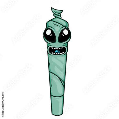 alien UFO Cute funny happy marijuana weed bud with cannabis. Vector flat cartoon character illustration icon design. with graffiti Isolated on white background. Cigarette with a face object sticker