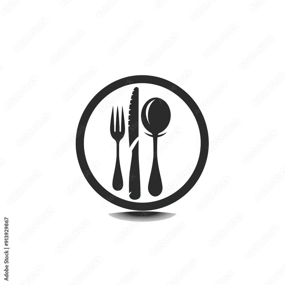 Black and White Circular Icon of Fork, Knife, and Spoon, generative ai image Black and White Circular Icon of Fork, Knife, and Spoon, generative ai image