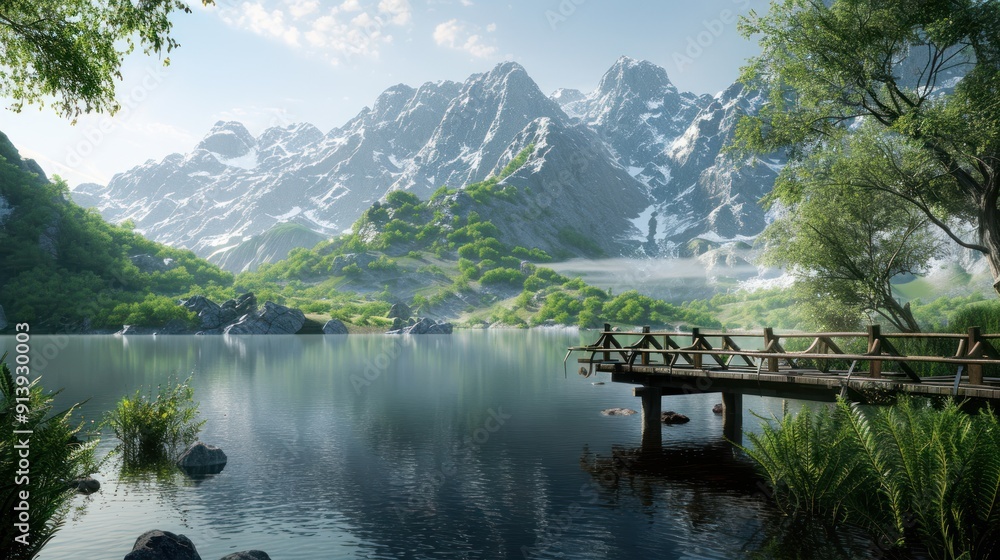 Tranquil Mountain Lake with Wooden Pier and Misty Peaks Tranquil Mountain Lake with Wooden Pier and Misty Peaks