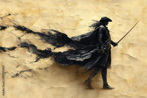 Minimalist illustration of a musketeer silhouette, with flowing cape and rapier, set against a parchment background,