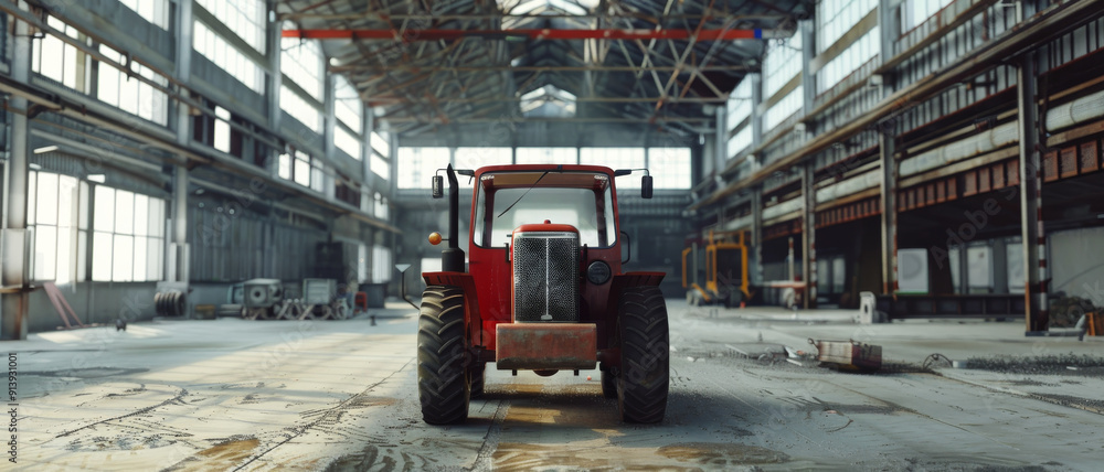 Fototapeta premium A solitary red tractor stands proudly in the middle of a vast, industrial warehouse, emphasizing its strength and durability in the expansive, empty space.