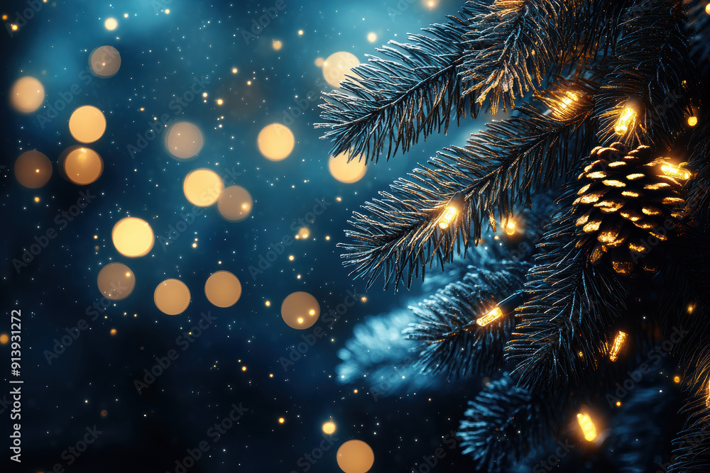 Shimmering Christmas Garland Lights on Dark Blue Shimmering Christmas Garland Lights on Dark Blue