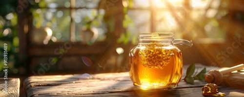 Glass jar filled with honey, 4K hyperrealistic photo