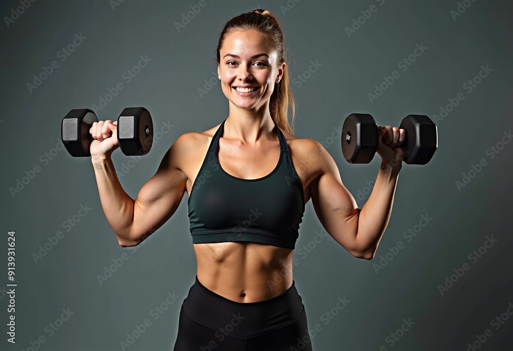 Empowered Woman Bodybuilder Posing with Dumbbells: Fitness and Strength Goals Empowered Woman Bodybuilder Posing with Dumbbells: Fitness and Strength Goals